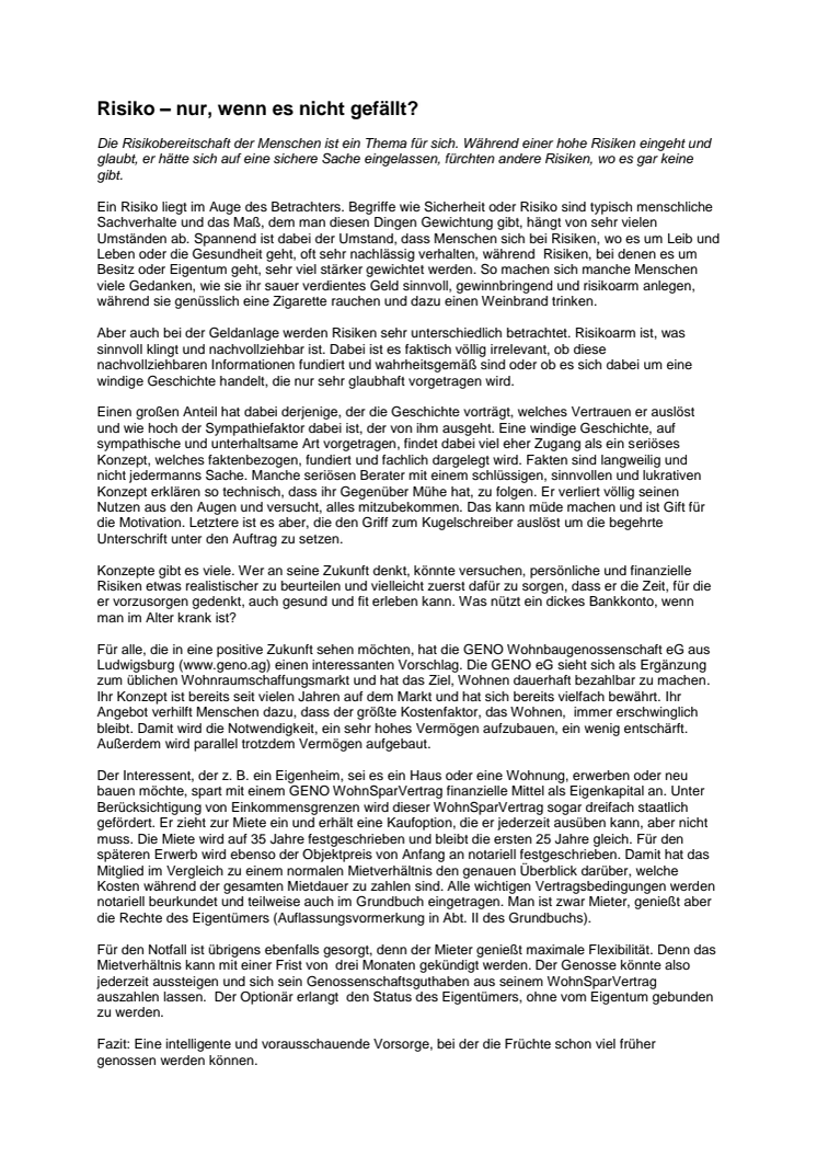 Risiko – nur, wenn es nicht gefällt?