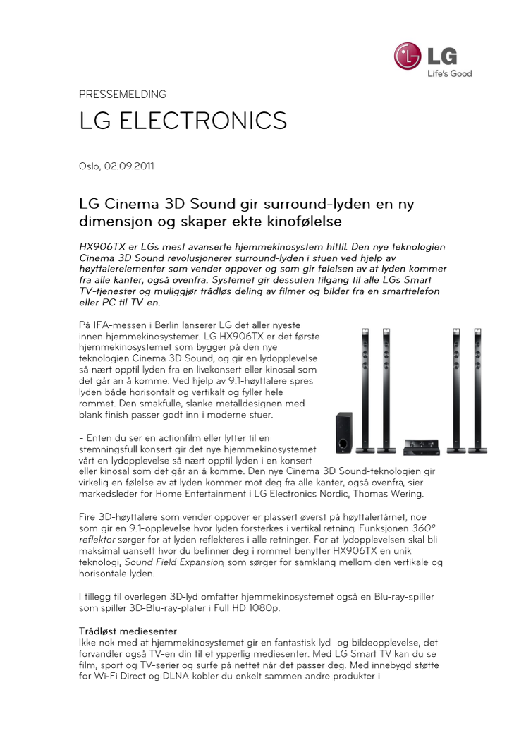 LG Cinema 3D Sound gir surround-lyden en ny dimensjon og skaper ekte kinofølelse 