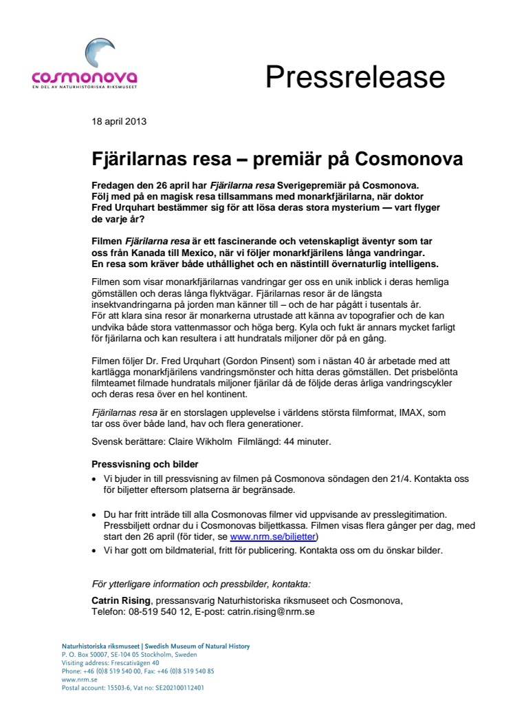 Fjärilarnas resa – premiär på Cosmonova