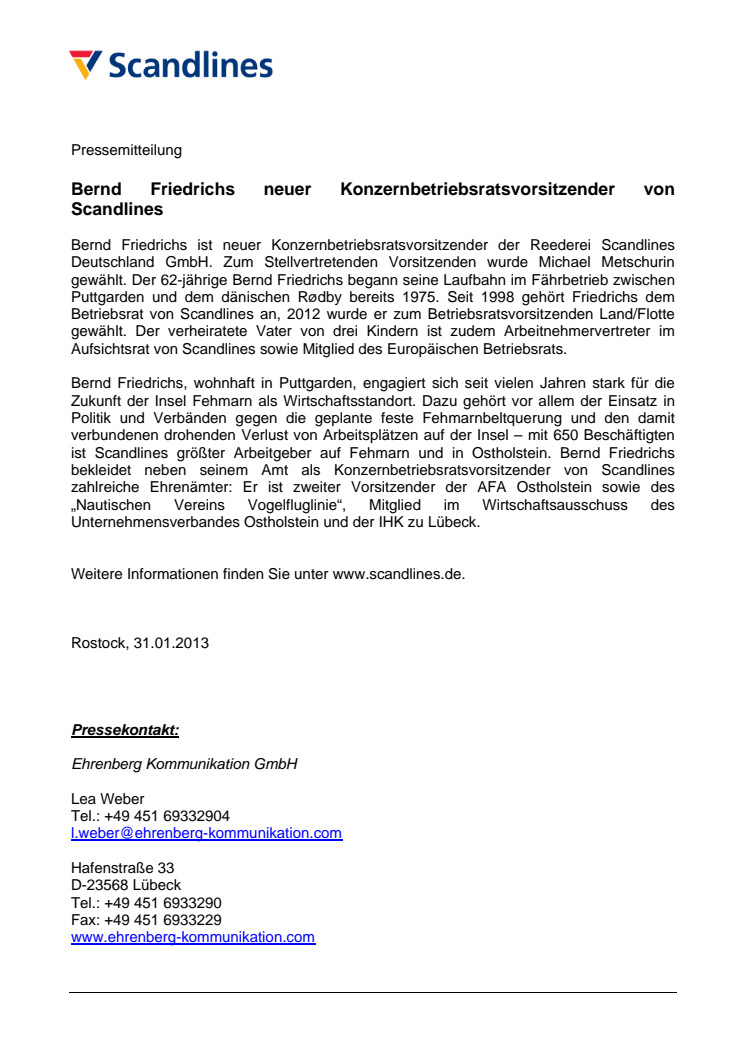 Bernd Friedrichs neuer Konzernbetriebsratsvorsitzender von Scandlines