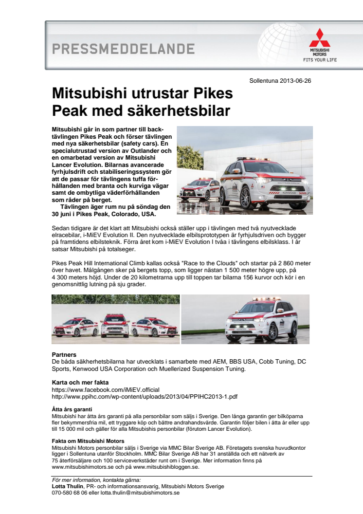 Mitsubishi utrustar Pikes Peak med säkerhetsbilar