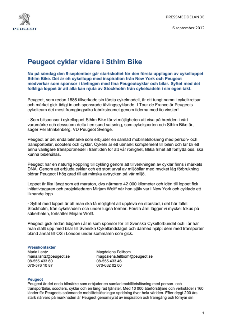 Peugeot cyklar vidare i Sthlm Bike