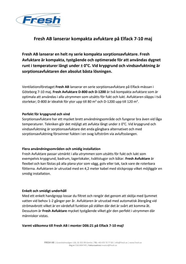 Fresh AB lanserar kompakta avfuktare