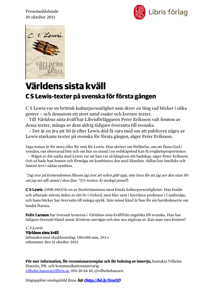 Världens sista kväll - C S Lewis-texter på svenska för första gången