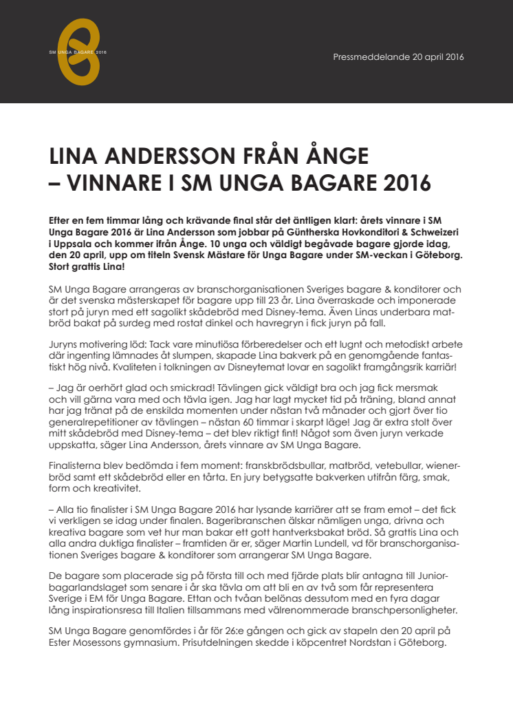 Lina Andersson från Ånge – Vinnare i SM Unga Bagare 2016