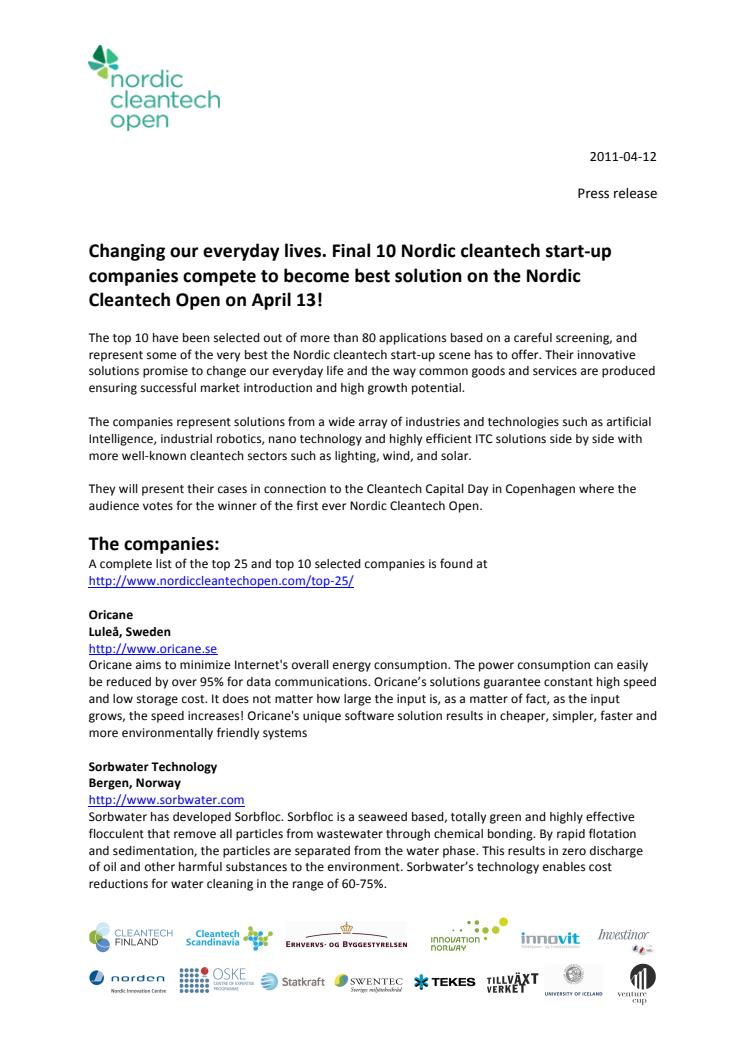 Changing our everyday lives. Final 10 Nordic cleantech start-up companies compete to become best solution on the Nordic Cleantech Open on April 13!