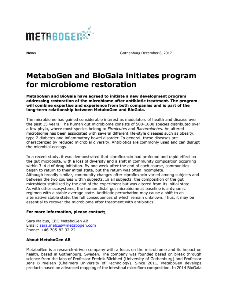 MetaboGen and BioGaia initiates program for microbiome restoration