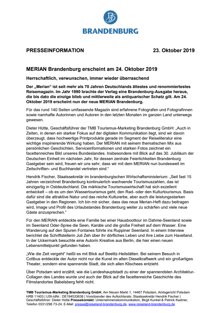 MERIAN Brandenburg erscheint am 24. Oktober 2019