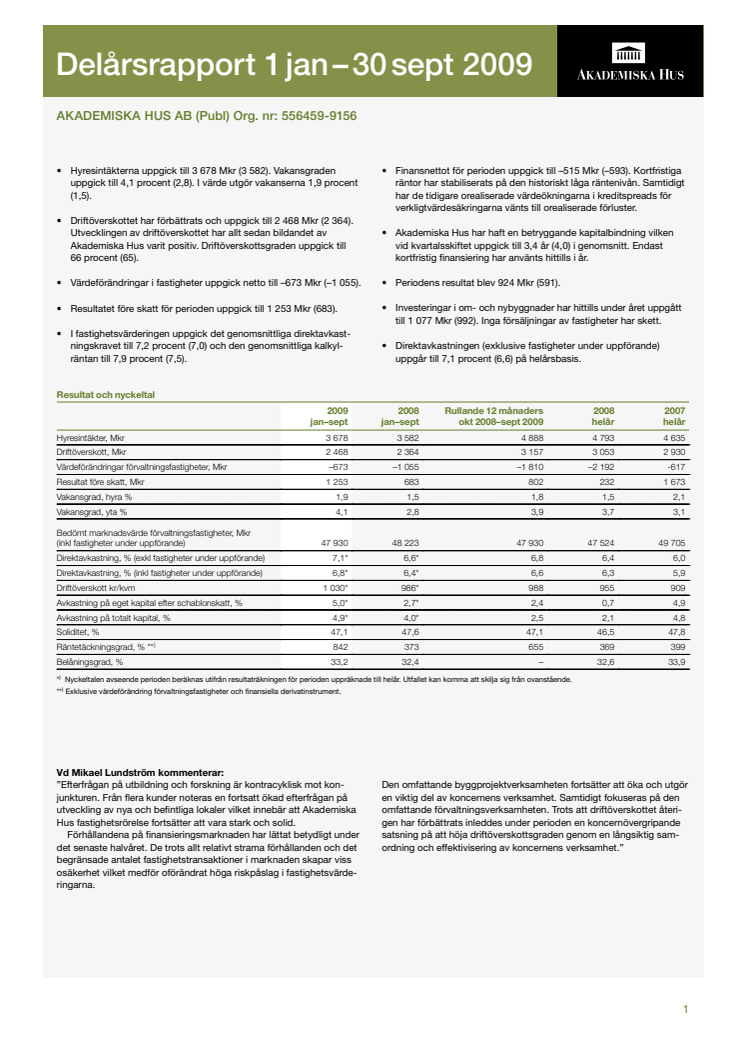 Delårsrapport 1 januari - 30 september 2009