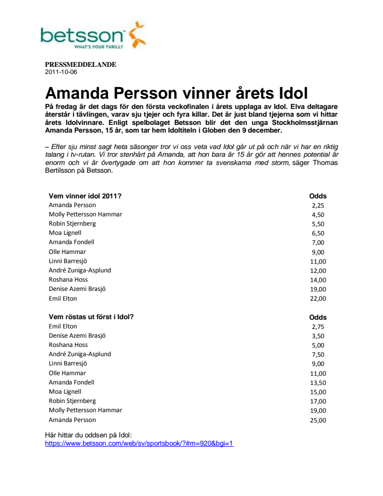 Amanda Persson vinner årets Idol
