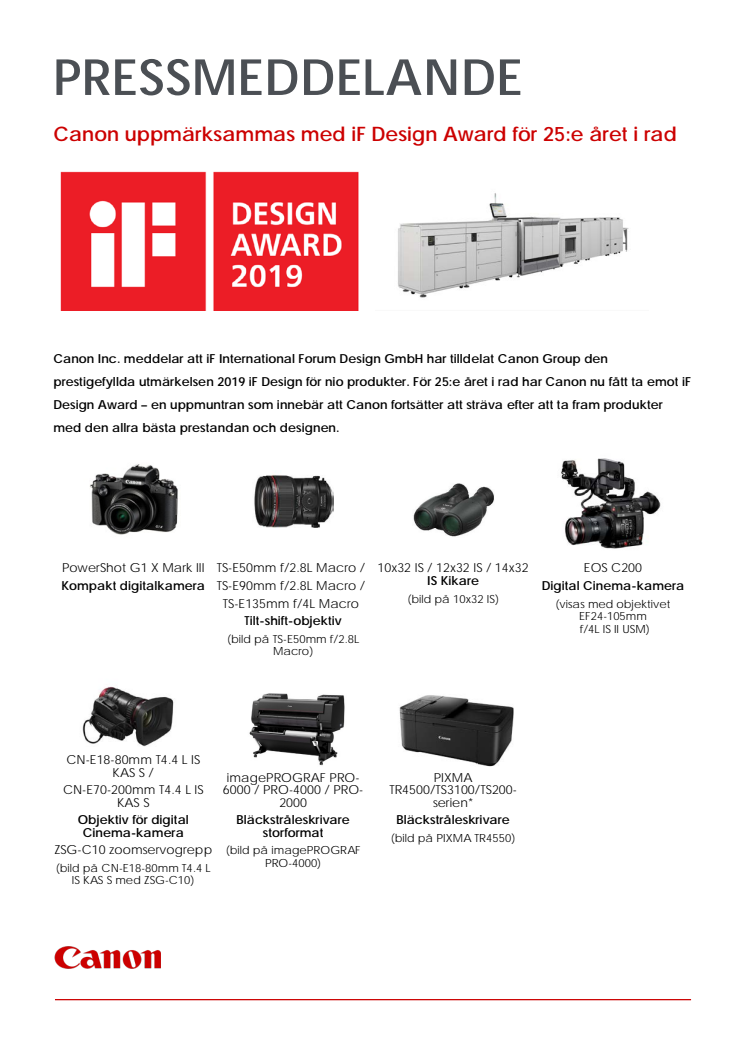 Canon uppmärksammas med iF Design Award för 25:e året i rad