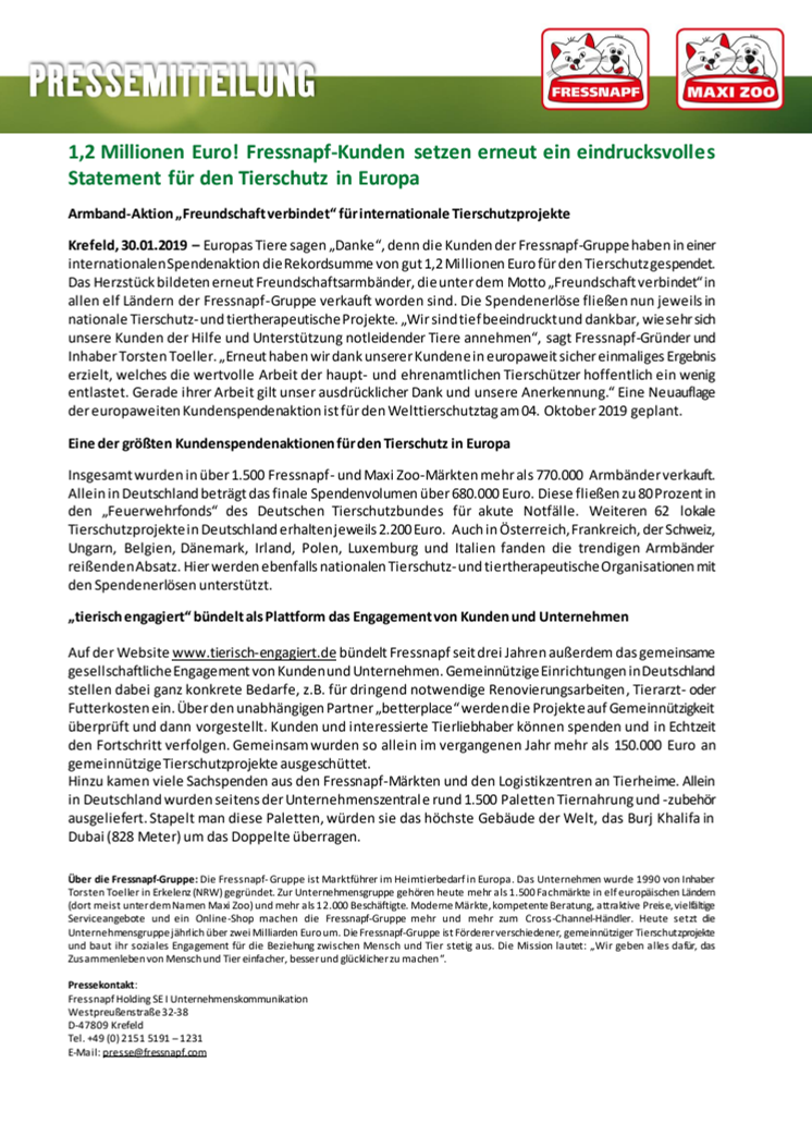 1,2 Millionen Euro! Fressnapf-Kunden setzen erneut ein eindrucksvolles Statement für den Tierschutz in Europa