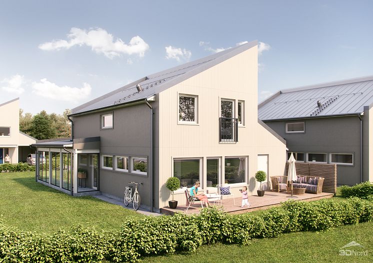 3D-illustration över Villa Grindstugans baksida - Nöbbele Herrgård