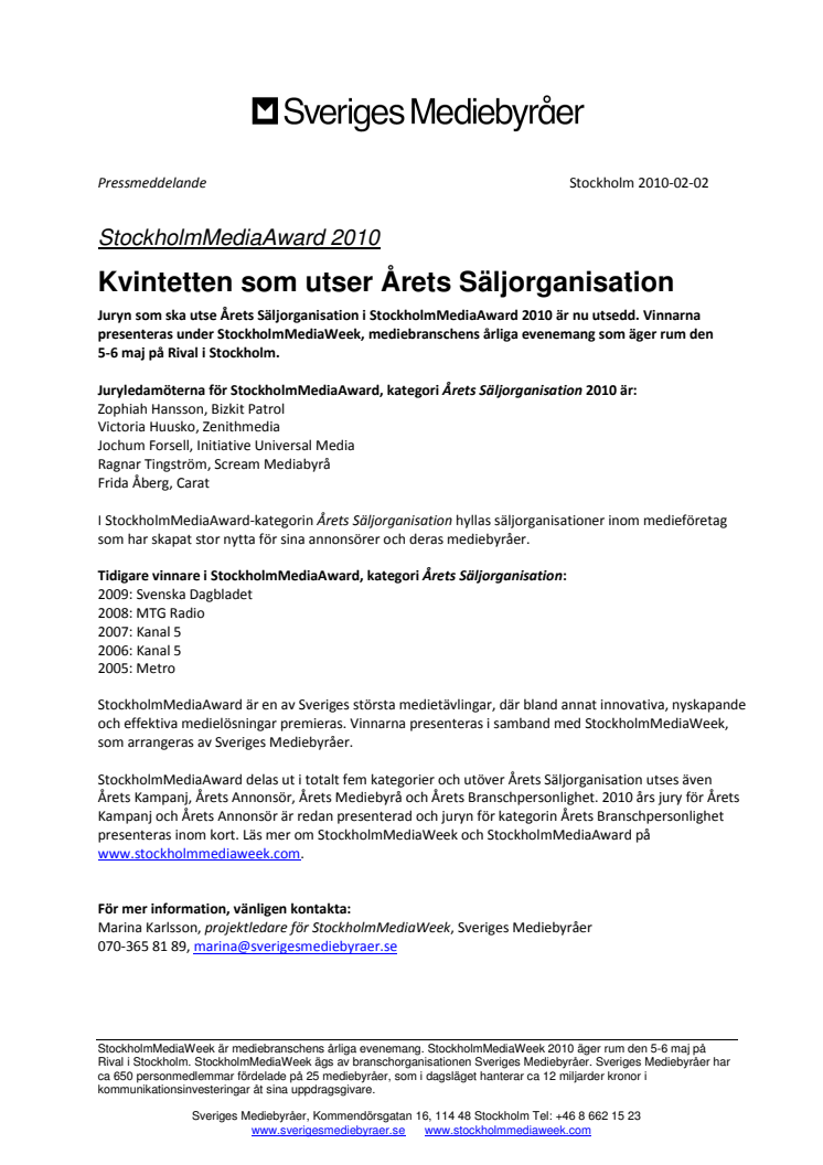 StockholmMediaAward 2010: Kvintetten som utser Årets Säljorganisation 