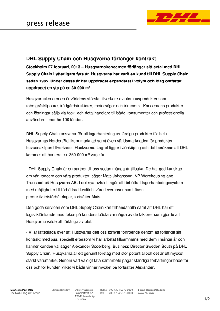 DHL Supply Chain och Husqvarna förlänger kontrakt