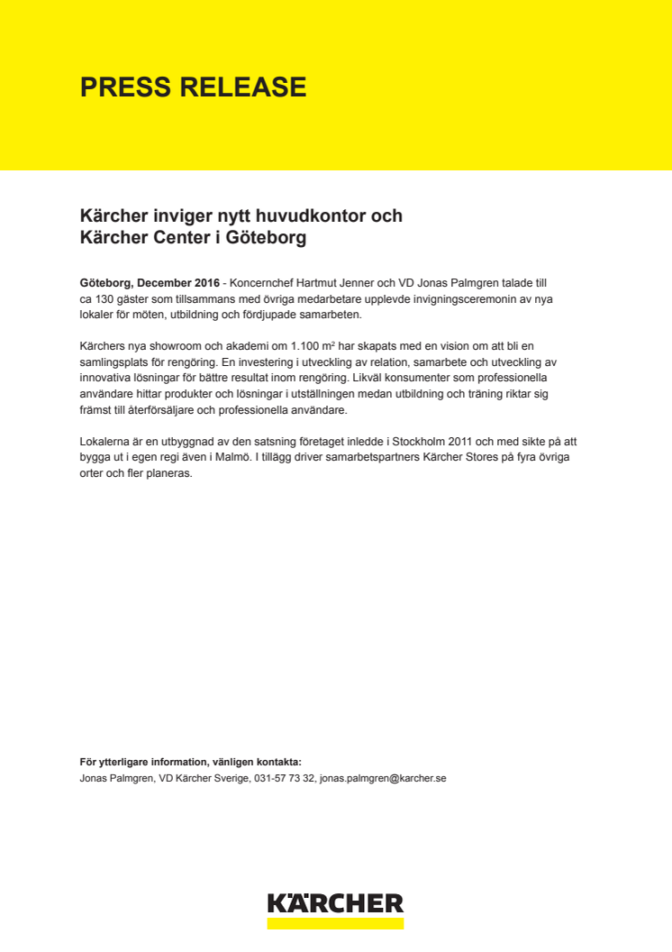 Kärcher inviger nytt huvudkontor och  Kärcher Center i Göteborg