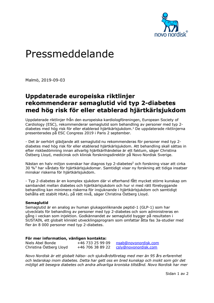 Uppdaterade europeiska riktlinjer rekommenderar semaglutid vid typ 2-diabetes med hög risk för eller etablerad hjärtkärlsjukdom