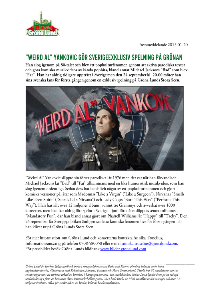 "Weird Al" Yankovic gör Sverigeexklusiv spelning på Grönan