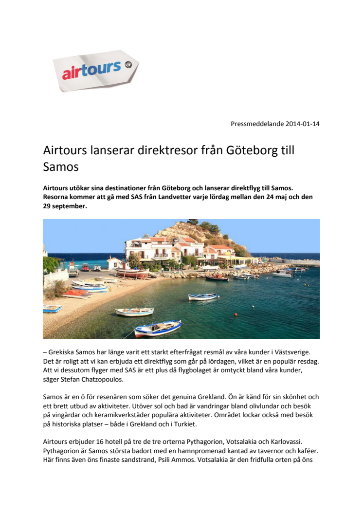 Airtours lanserar direktresor från Göteborg till Samos