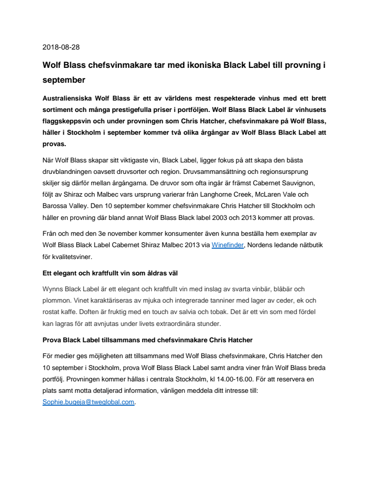 Wolf Blass chefsvinmakare tar med ikoniska Black Label till provning i september
