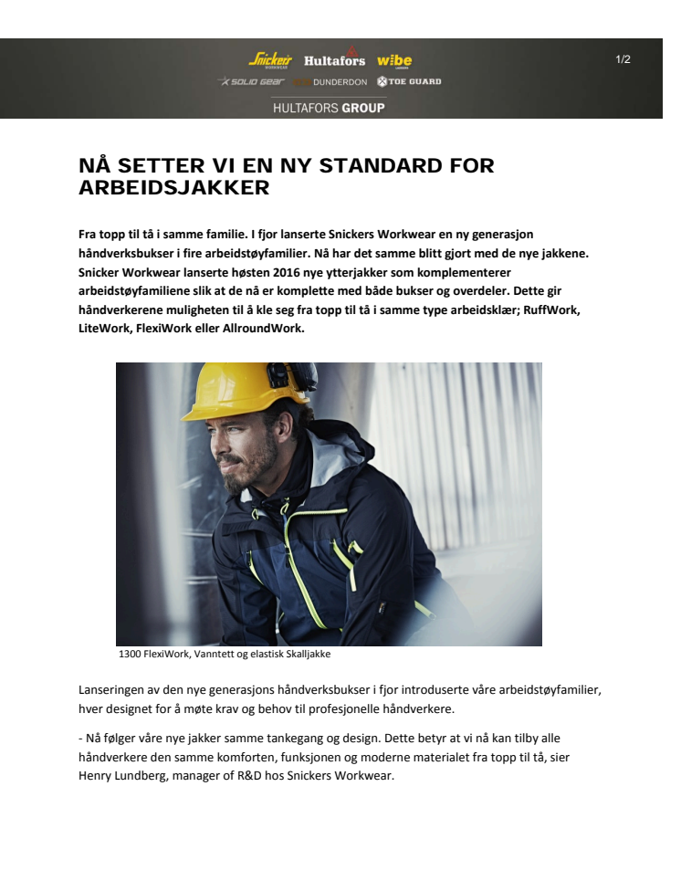 Snickers Workwear setter en ny standard for arbeidsjakker