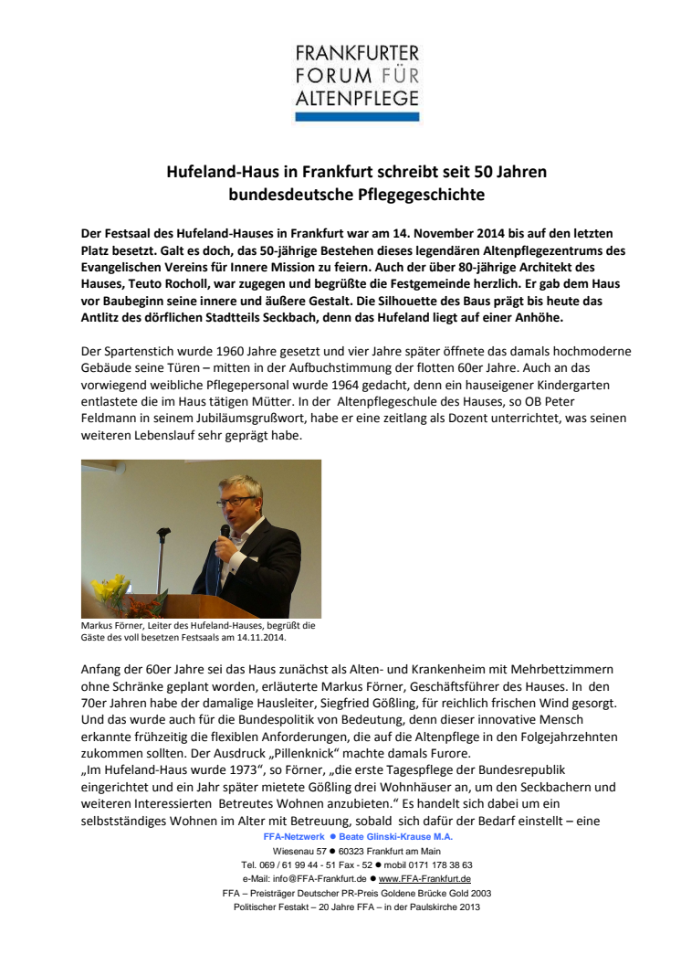 Hufeland-Haus in Frankfurt schreibt seit 50 Jahren bundesdeutsche Pflegegeschichte