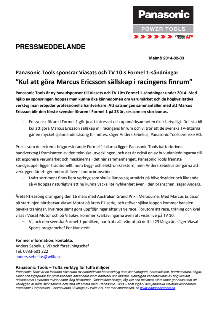 Panasonic Tools sponsrar Viasats och TV 10:s Formel 1-sändningar