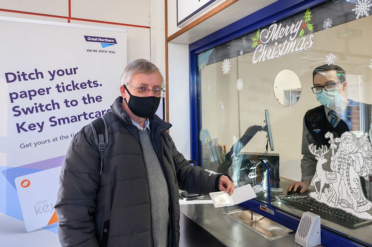 Neil Middleton, of Rail Future Hertfordshire and Bedfordshire, is issued with a free key smartcard at Hitchin station 1