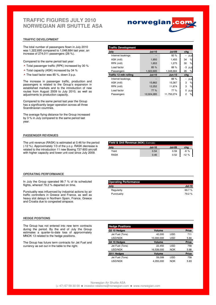 Traffic Figures July 2010