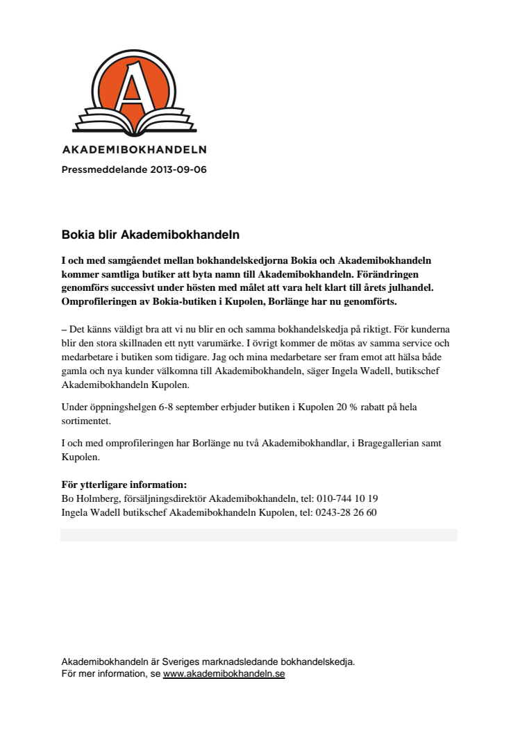Bokia Kupolen i Borlänge blir Akademibokhandeln 