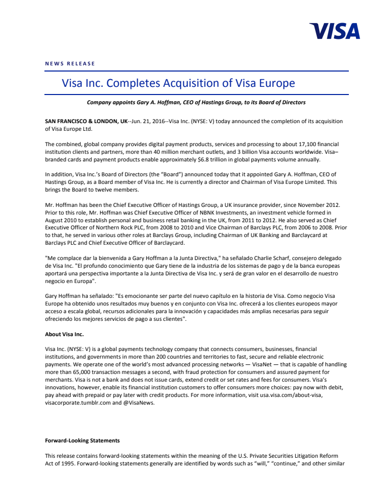 Visa Inc. Completes Acquisition of Visa Europe