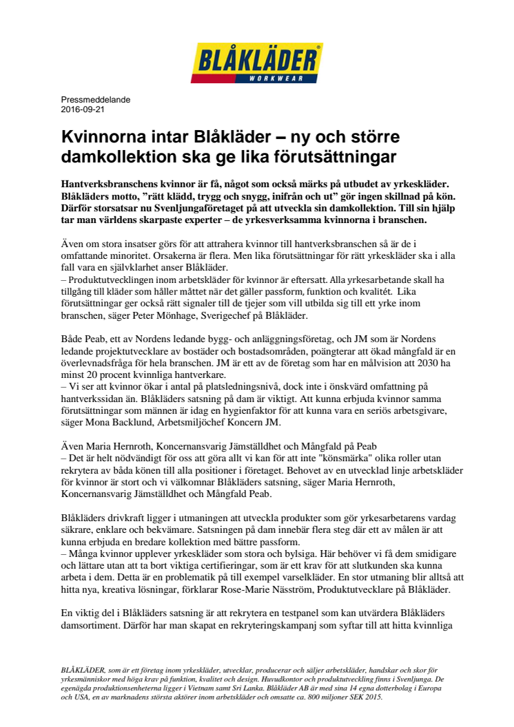 KVINNORNA INTAR BLÅKLÄDER – NY OCH STÖRRE DAMKOLLEKTION SKA GE LIKA FÖRUTSÄTTNINGAR