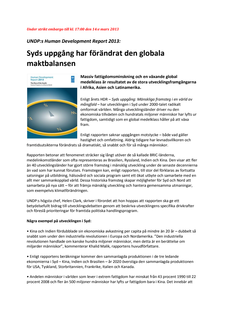 UNDP:s Human Development Report 2013: Syds uppgång har förändrat den globala maktbalansen