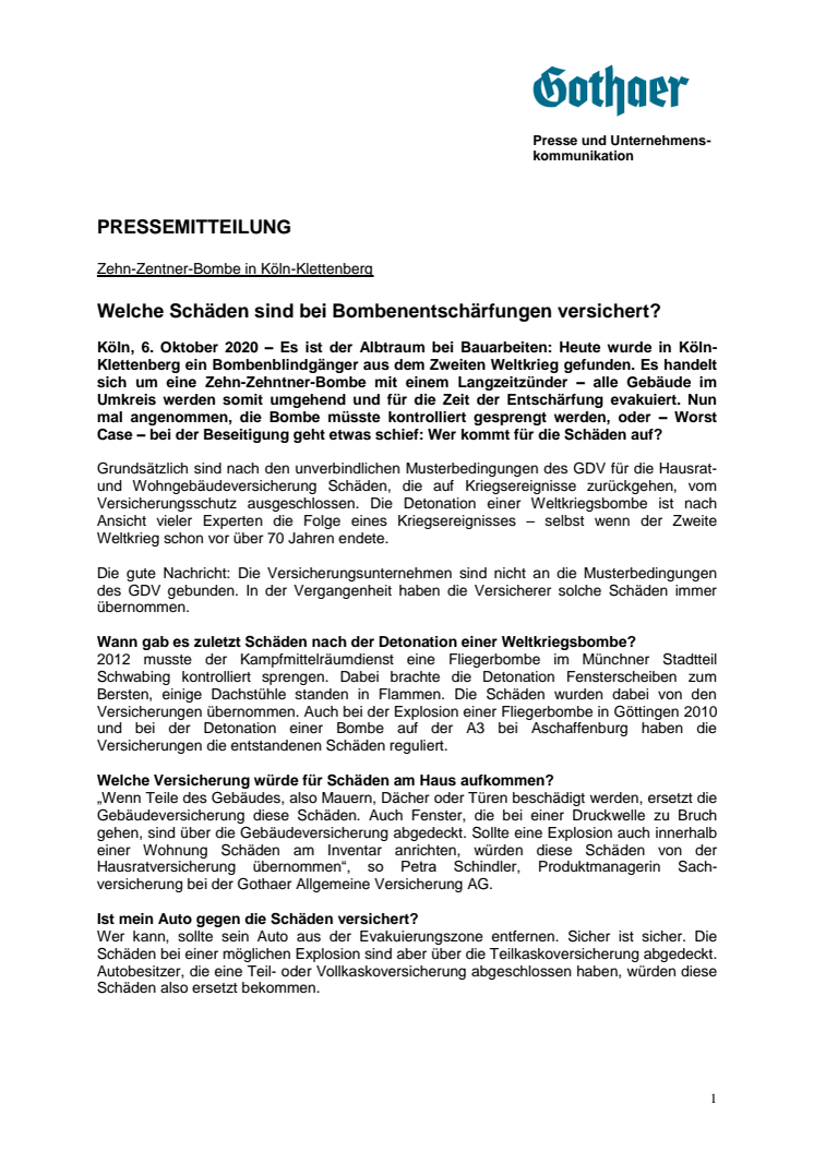 Bombenfund in Köln-Klettenberg – Welche Schäden sind bei Bombenentschärfungen versichert?