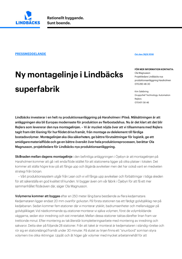 Ny montagelinje i Lindbäcks superfabrik