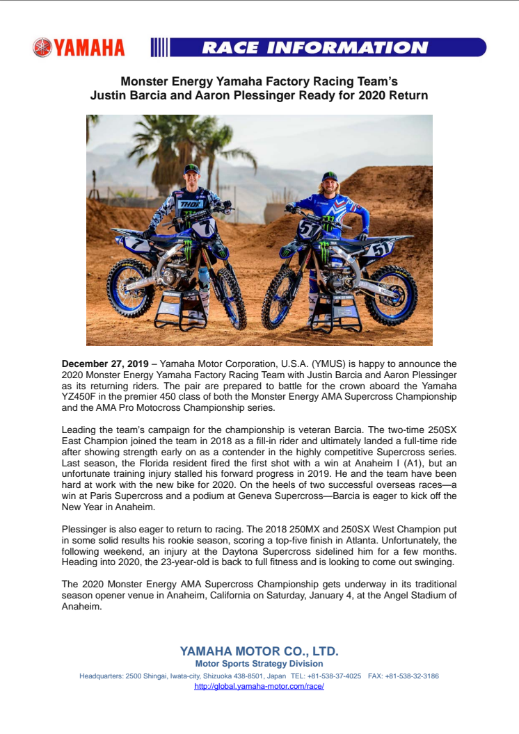 Monster Energy Yamaha Factory Racing Team’s Justin Barcia and Aaron Plessinger Ready for 2020 Return