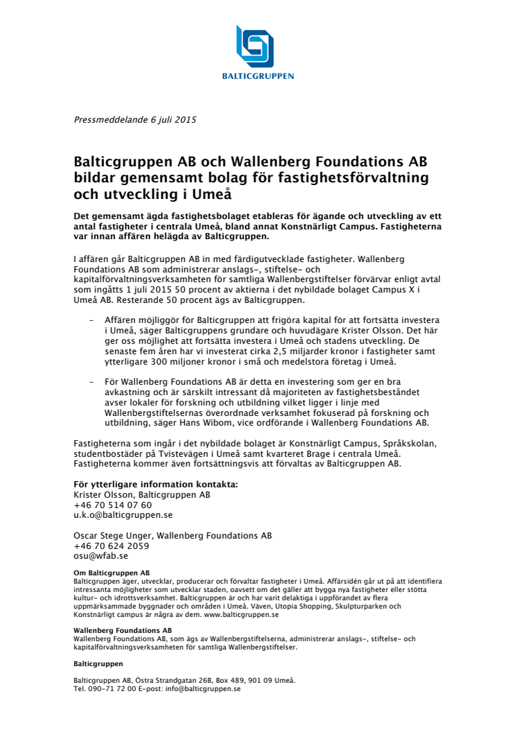Balticgruppen AB och Wallenberg Foundations AB bildar gemensamt bolag för fastighetsförvaltning och utveckling i Umeå 
