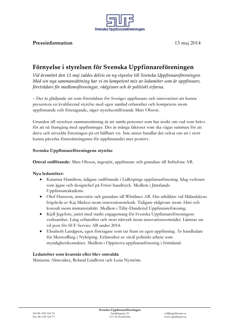 Förnyelse i styrelsen för Svenska Uppfinnareföreningen