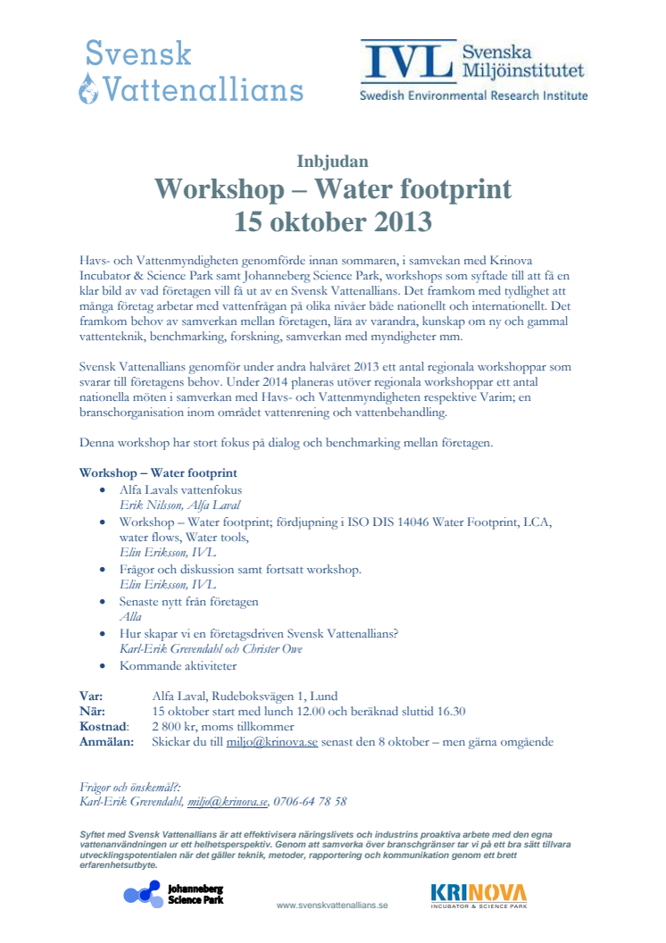 Inbjudan Workshop – Water footprint 15 oktober 2013