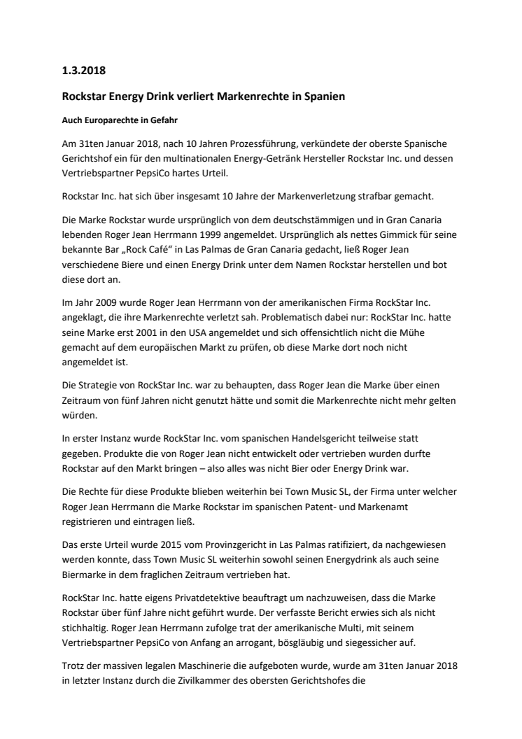 Rockstar Energy Drink verliert Markenrechte in Spanien