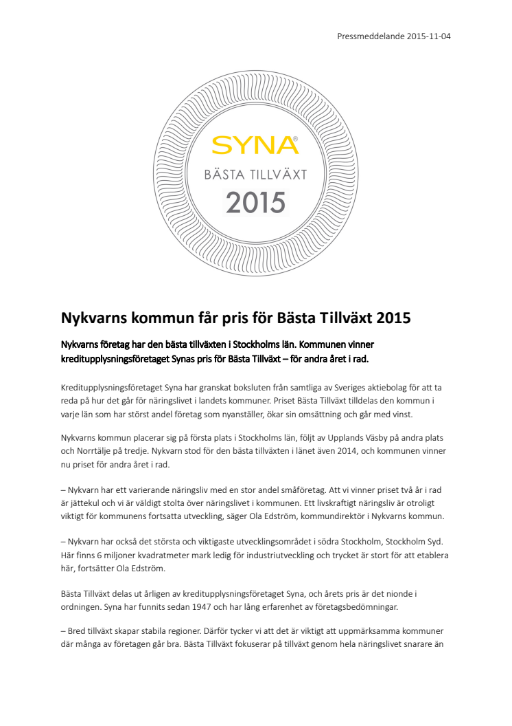 Nykvarns kommun får pris för Bästa Tillväxt 2015