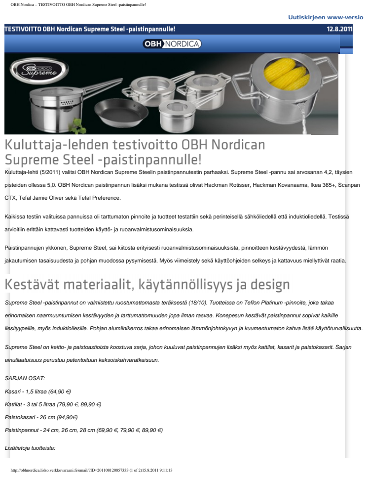 Kuluttaja-lehden testivoitto OBH Nordican Supreme Steel -paistinpannulle!