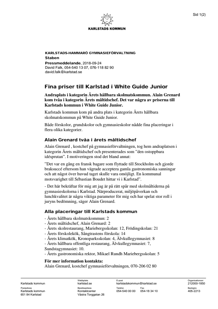Fina priser till Karlstads kommun i White Guide Junior