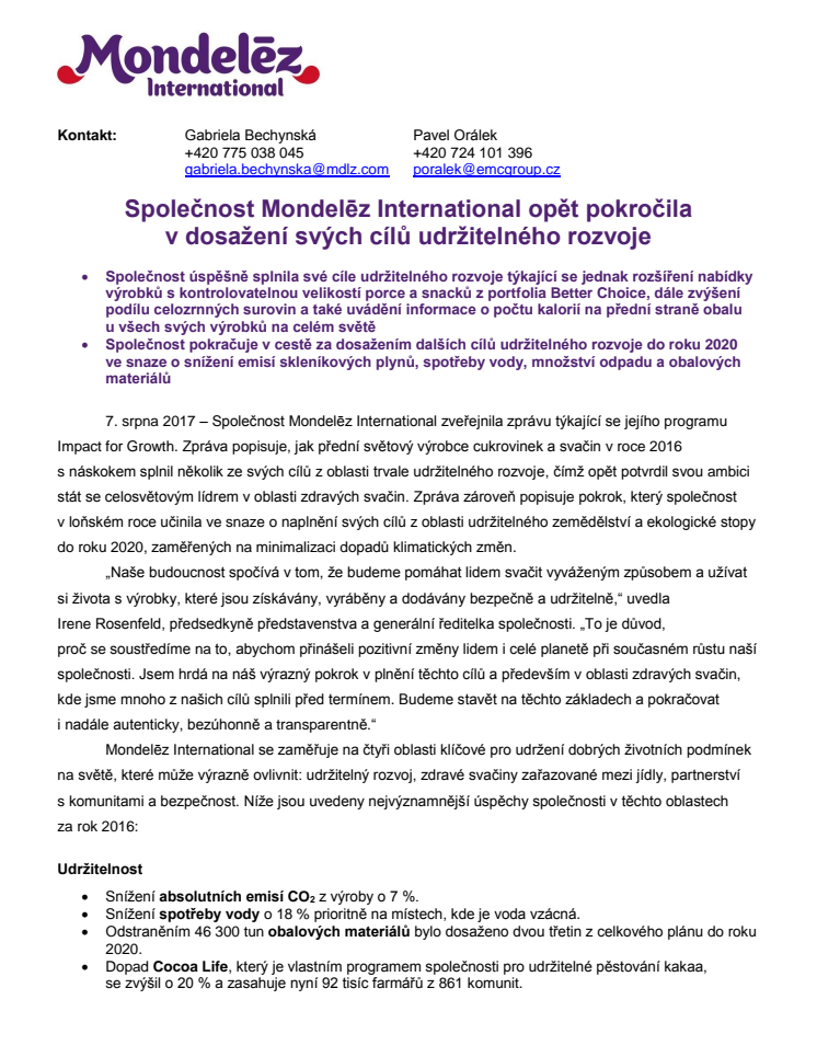 Společnost Mondelēz International opět pokročila v dosažení svých cílů udržitelného rozvoje