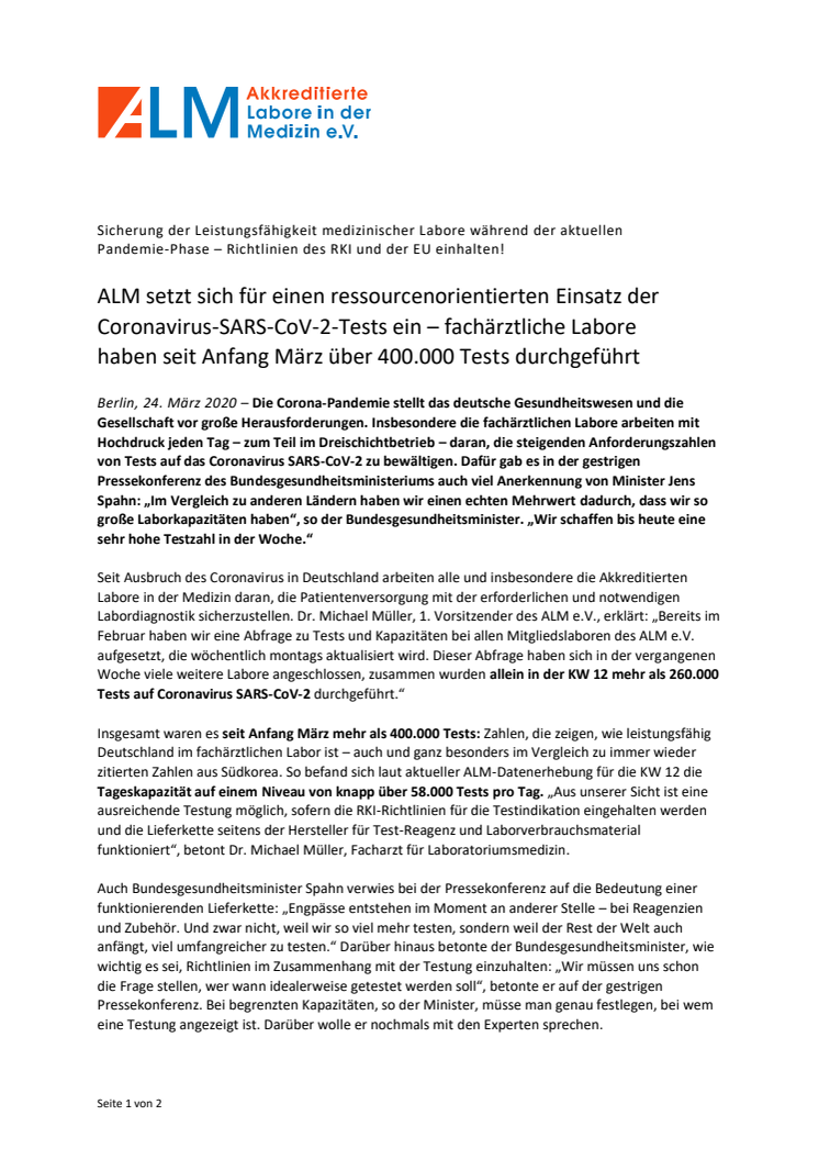 Pressemitteilung ALM e.V.: Coronavirus-SARS-CoV-2-Tests ressourcenorientiert einsetzen