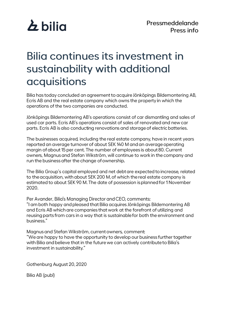 Bilia continues its investment in sustainability with additional acquisitions