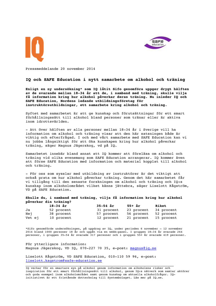 IQ och SAFE Education i nytt samarbete om alkohol och träning