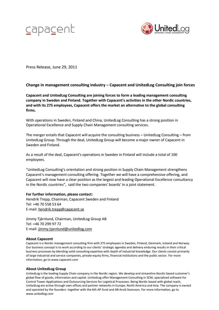 Change in management consulting industry – Capacent and UnitedLog Consulting join forces