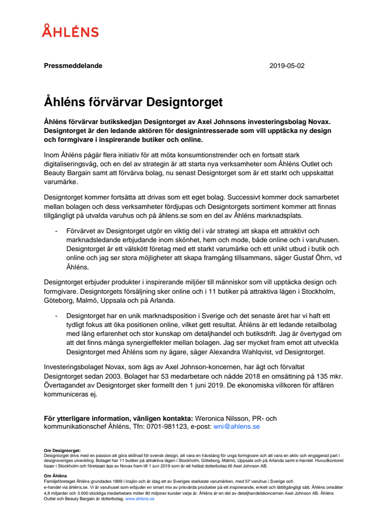 Åhléns förvärvar Designtorget