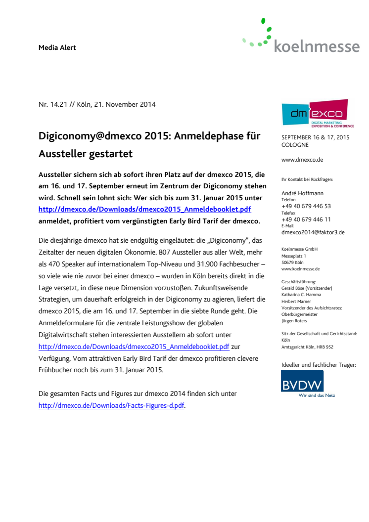 Digiconomy@dmexco 2015: Anmeldephase für Aussteller gestartet